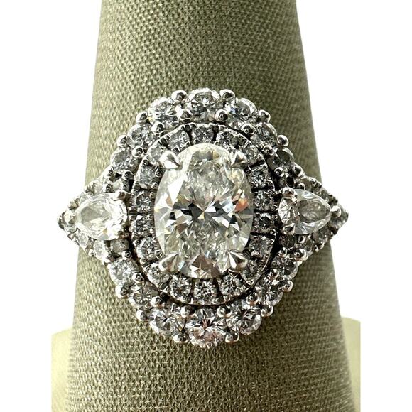 Platinum Double Halo Oval Cut 1.58cttw Diamond Ring JAGi Certified (14302) - Picture 5 of 9